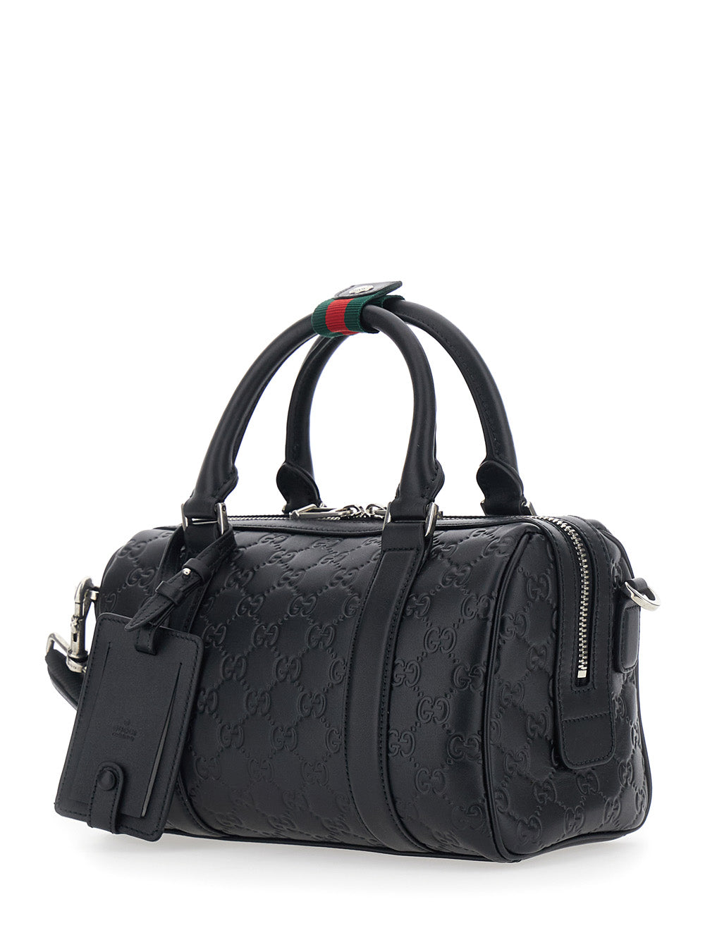Gucci Men 'Emblem' Black Handbag With All-Over Embossed Gg Motif And Web Detail In Leather Man