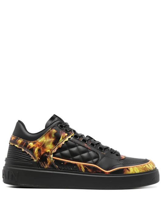 Balmain B-Court Flame-Print Leather Sneakers