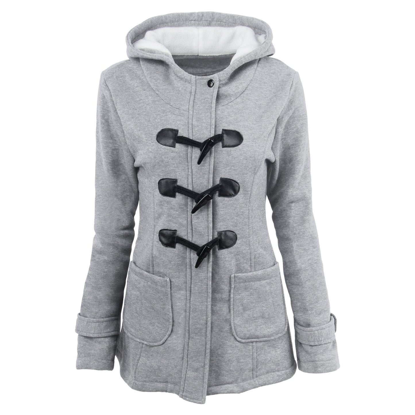 Warm winter fur collar jackets women horn button Long down coat parka Plus Size female parka hoodies Women Light grey