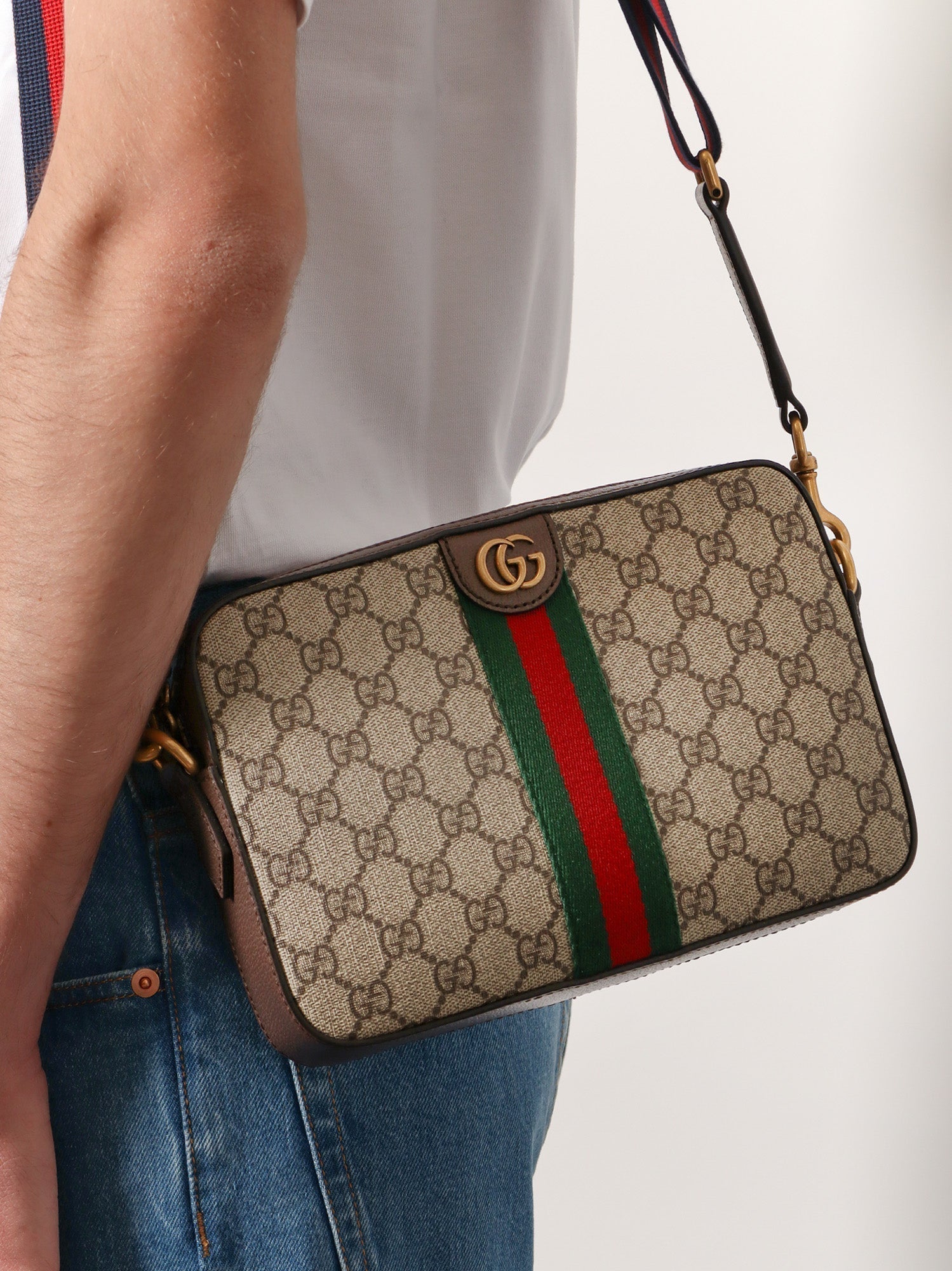 Gucci Men Ophidia Gg Supreme Fabric And Leather Crossbody Bag