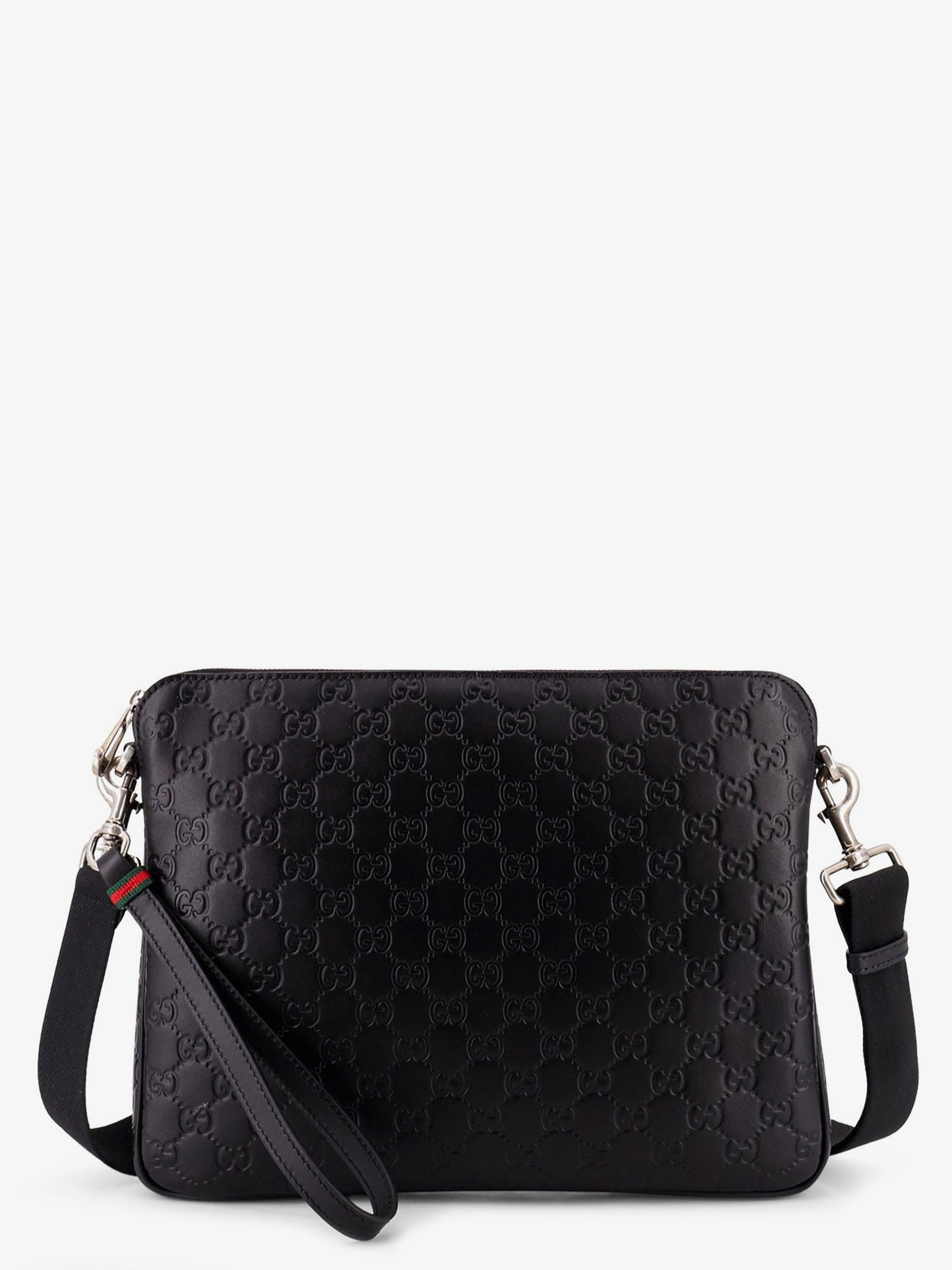 Gucci Men Leather Gg Emblem Crossbody Bag With Embossed Gg Motif