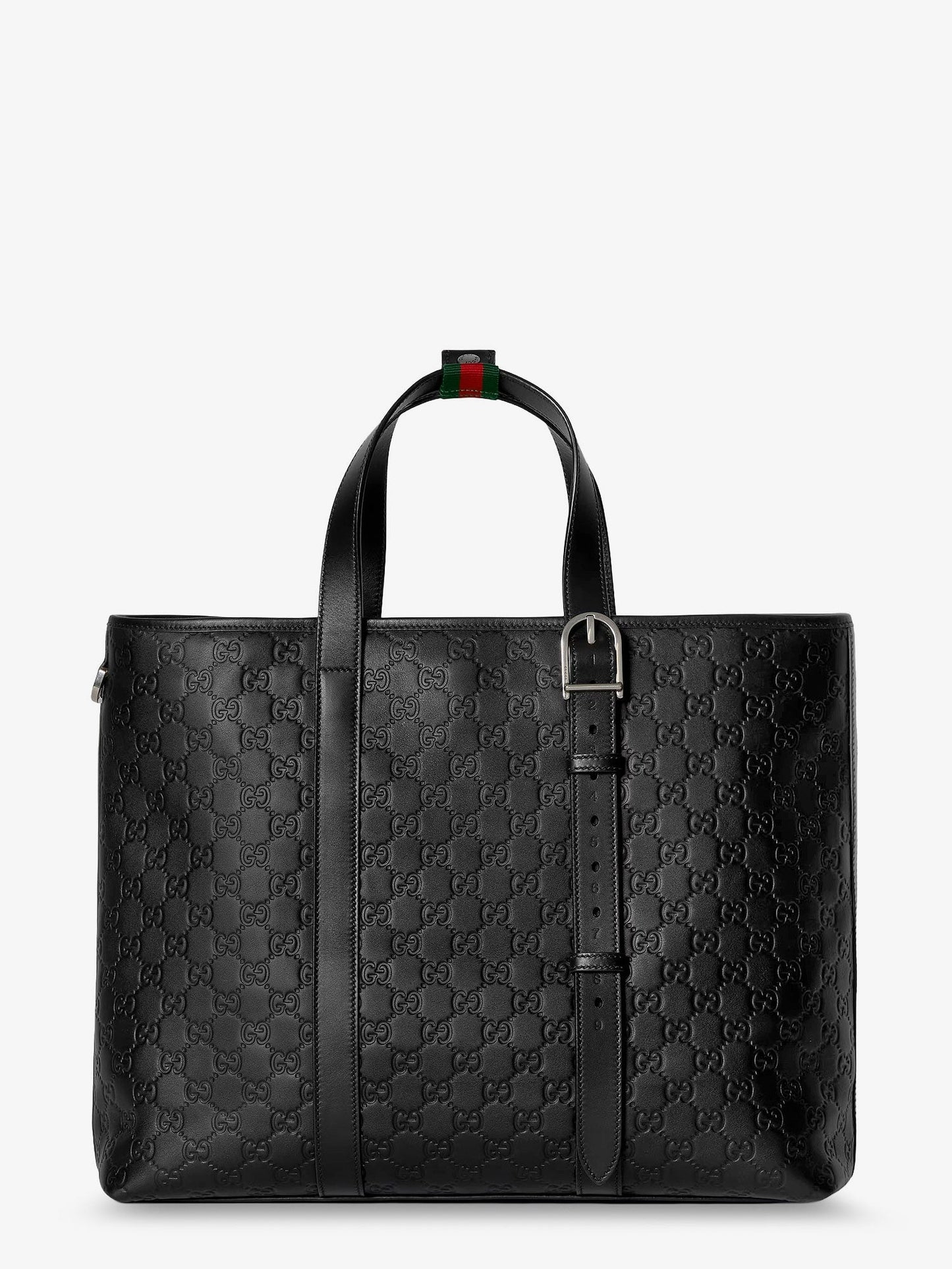 Gucci Men Gg Emblem Leather Shopping Bag With Embossed Gg Motif