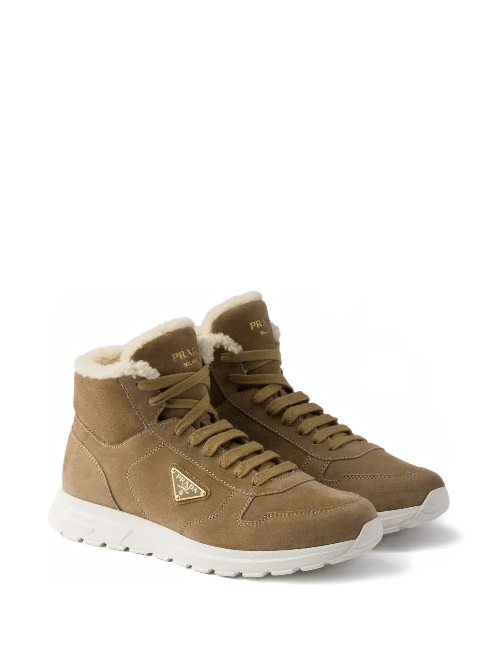 Prada Shearling Triangle-Logo High-Top Sneakers