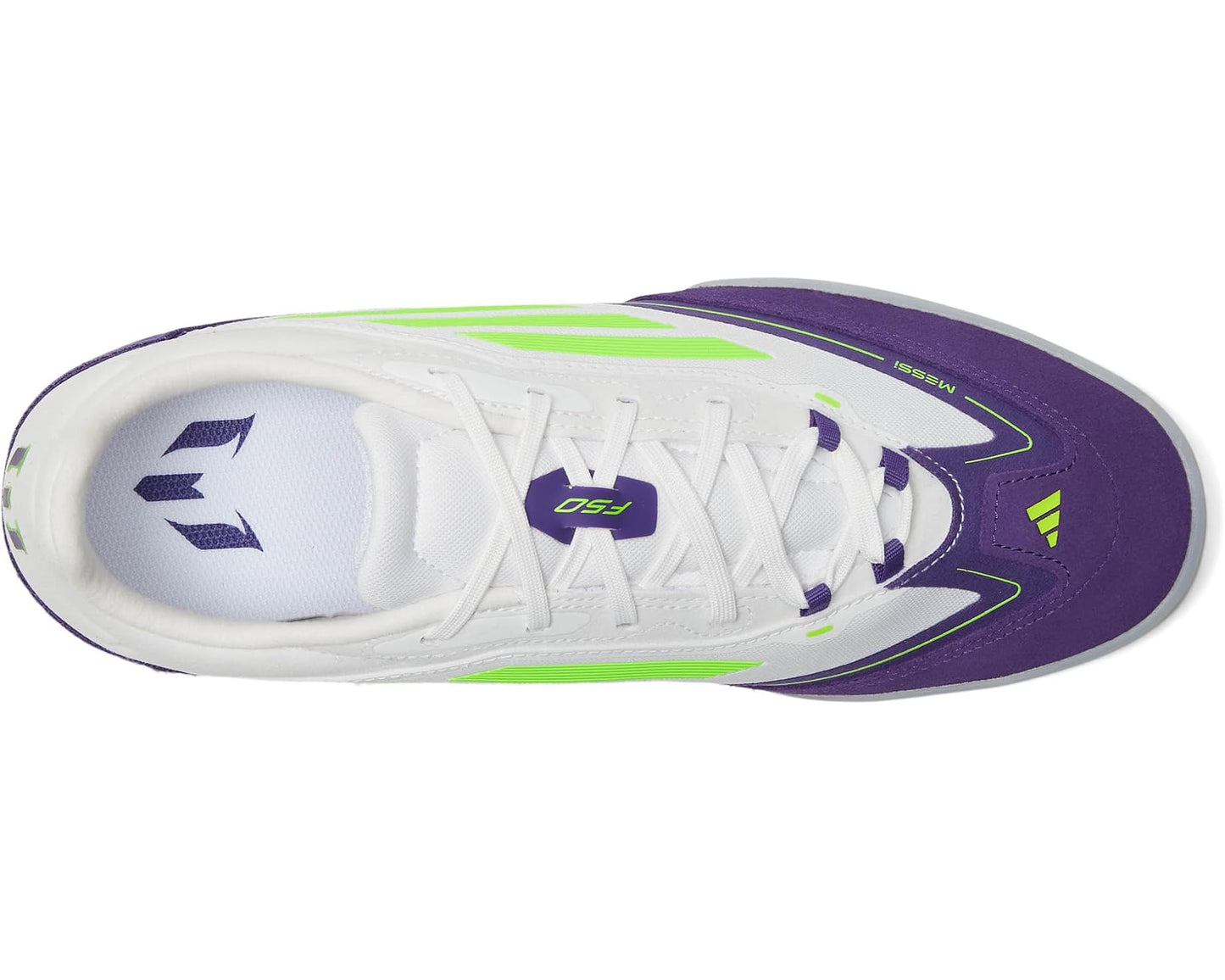 Unisex adidas F50 Freestyle 24 Messi Indoor Soccer Cleats White/Lucid Lemon/Unity Purple