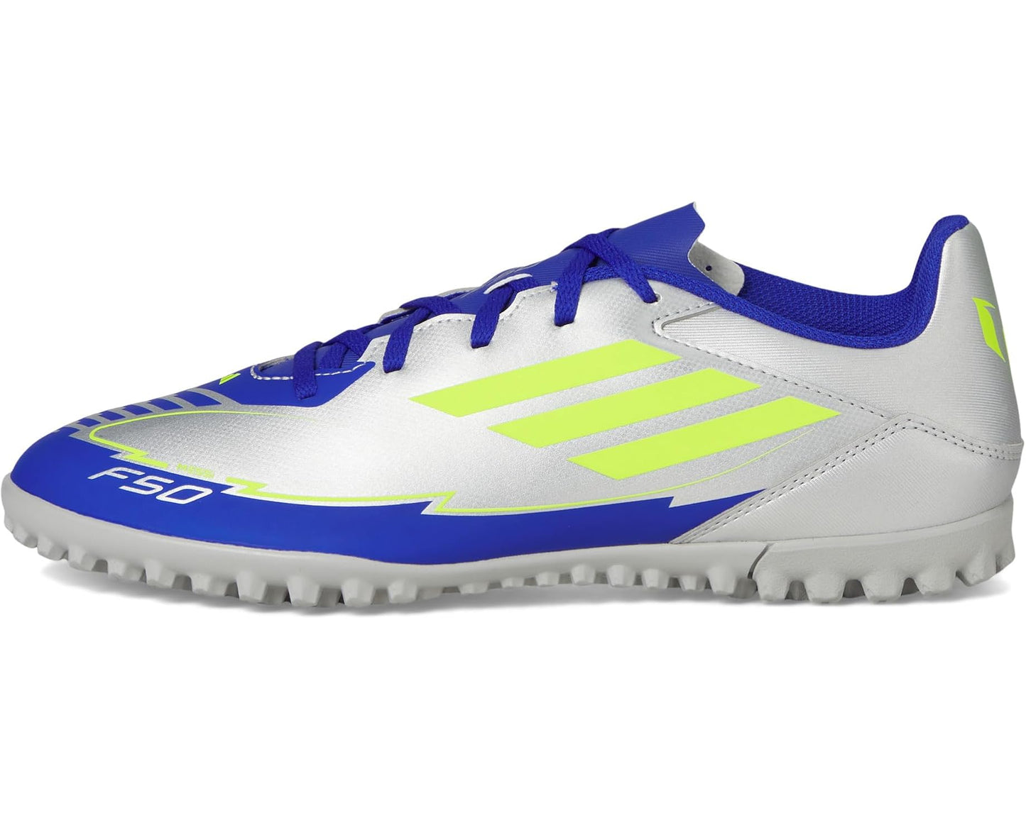 Unisex adidas F50 Club Turf Messi Soccer Cleats Silver Metallic/Solar Yellow/Lucid Blue