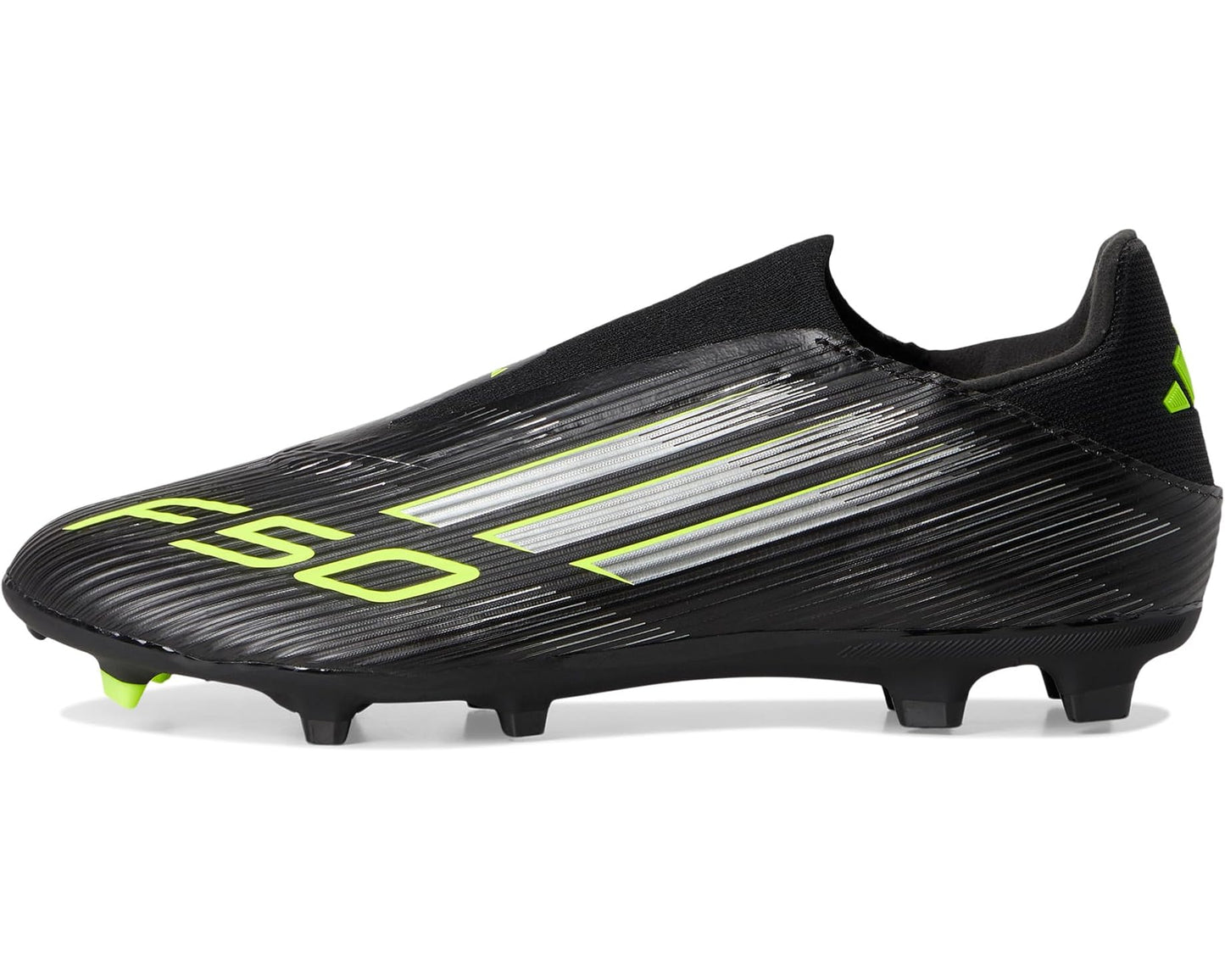 Unisex adidas F50 League Laceless Firm Ground Soccer Cleats Black/Iron Metallic/Lucid Lemon