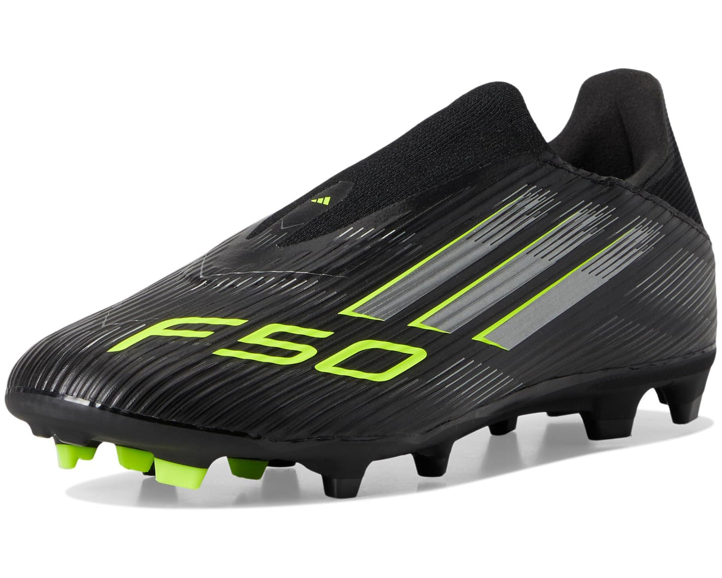 Unisex adidas F50 League Laceless Firm Ground Soccer Cleats Black/Iron Metallic/Lucid Lemon