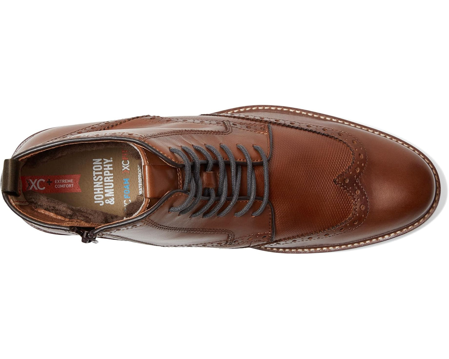 Men's Johnston & Murphy XC+ Durham Embossed Wing Tip Shearling Boots Cognac Waterproof Full Grain/Shearling