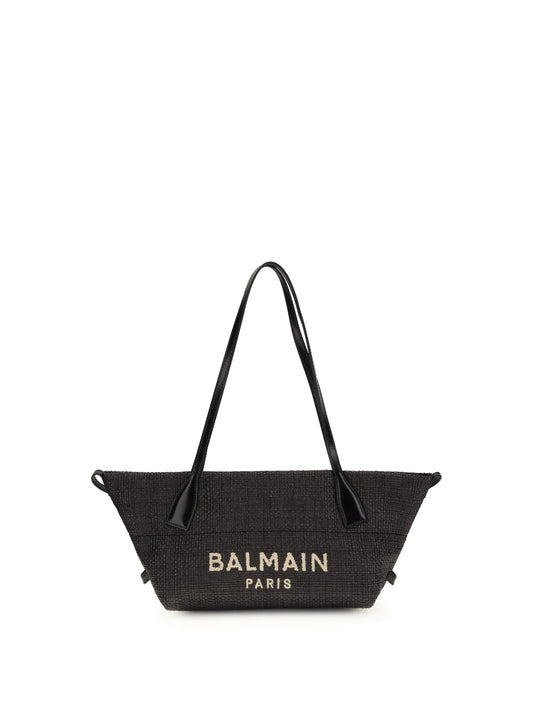 Balmain Women Calfskin And Raffia Track Shoulder Bag