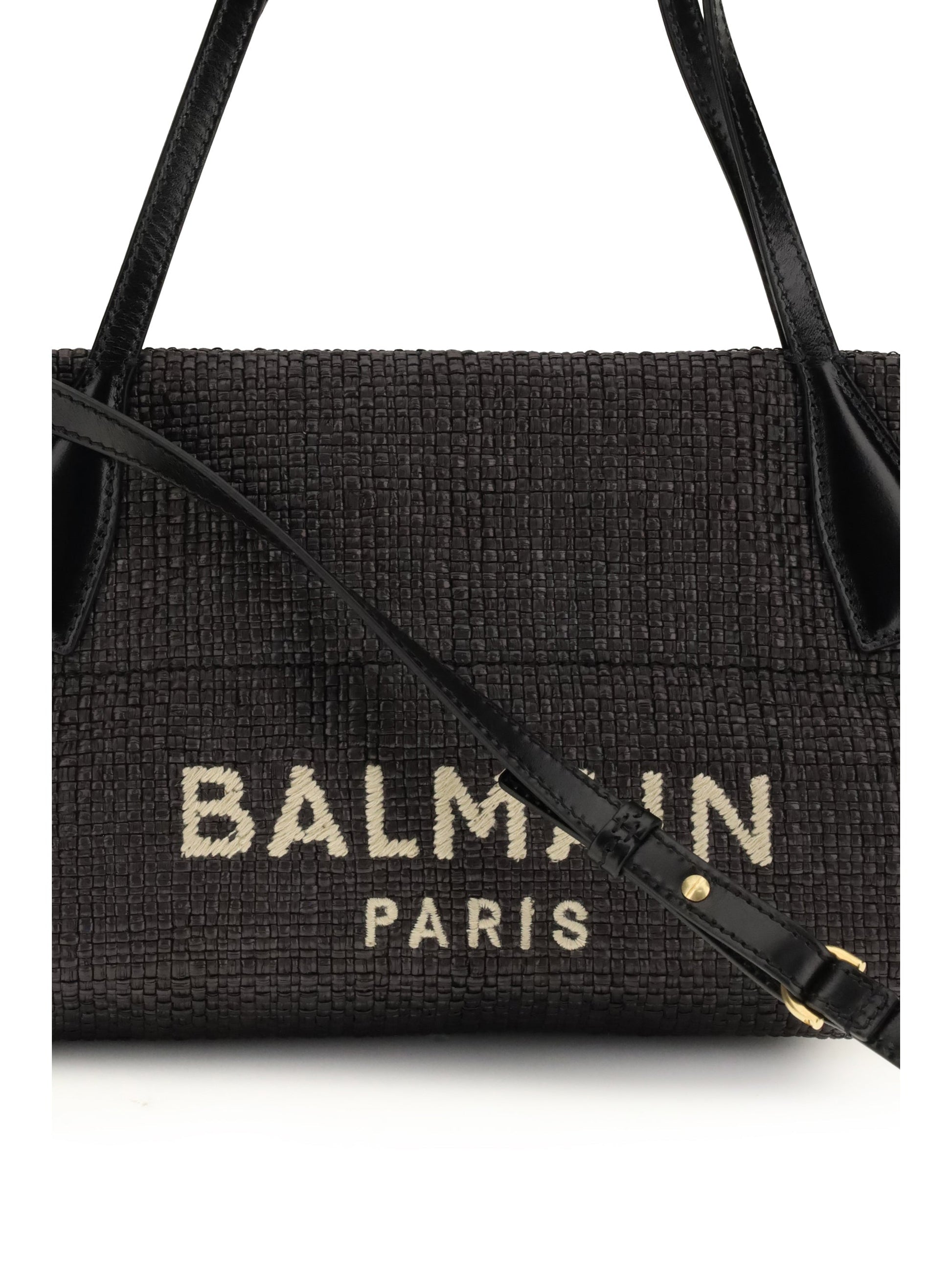 Balmain Women Calfskin And Raffia Track Shoulder Bag