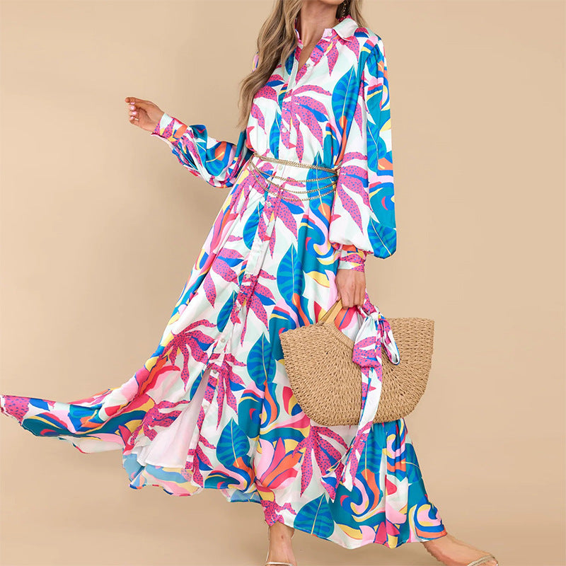 Printed Dresses Long-sleeved Polo Collar Oversized Hem Dresses Women Flower color