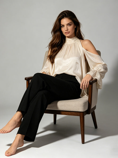 Cream Cold-Shoulder Halter Blouse