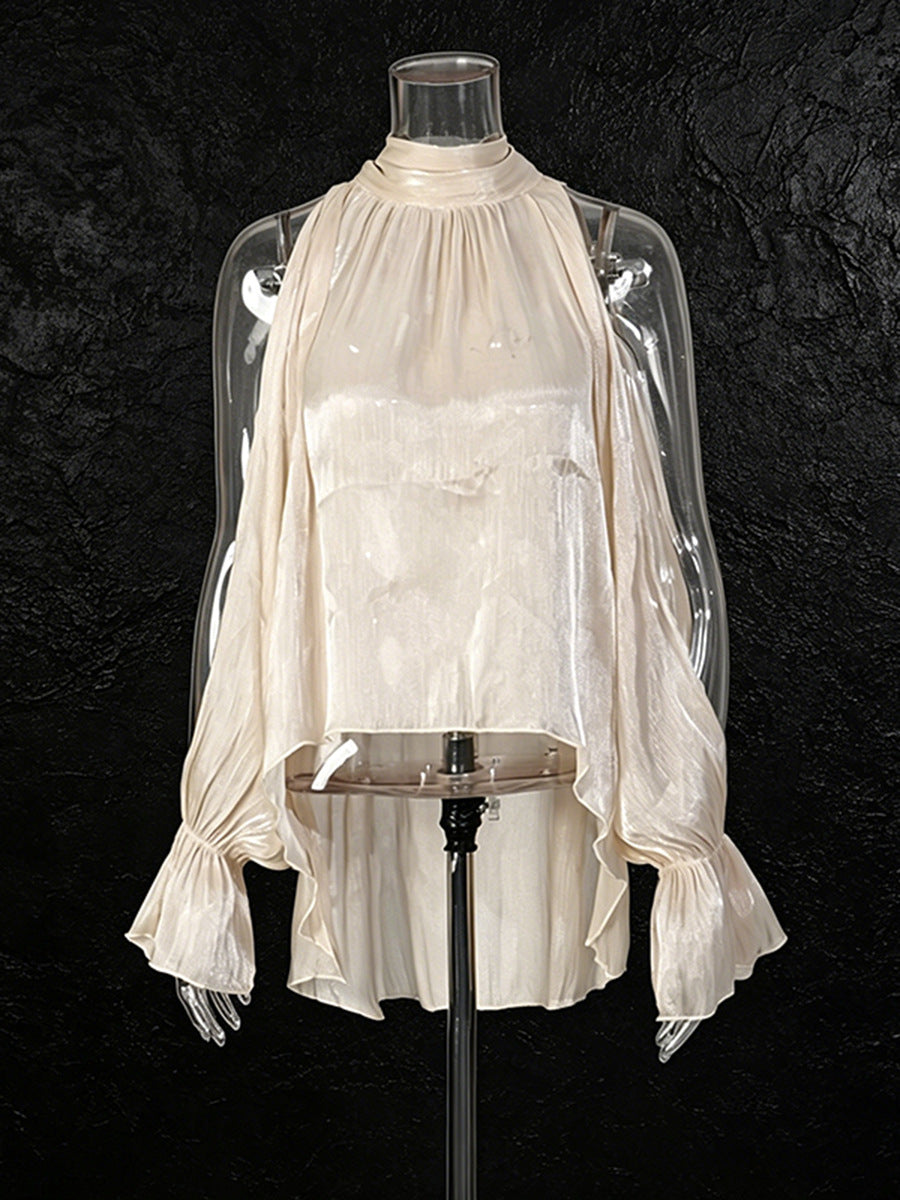 Cream Cold-Shoulder Halter Blouse
