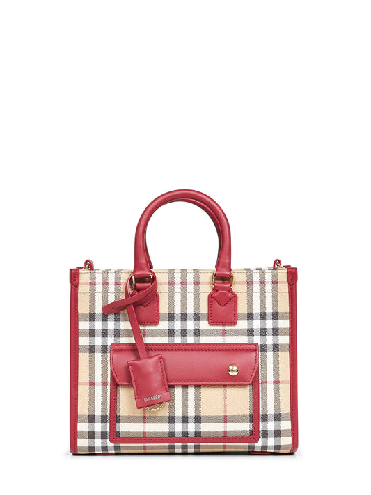 Burberry Women Beige And Red Freya Mini Tote Bag