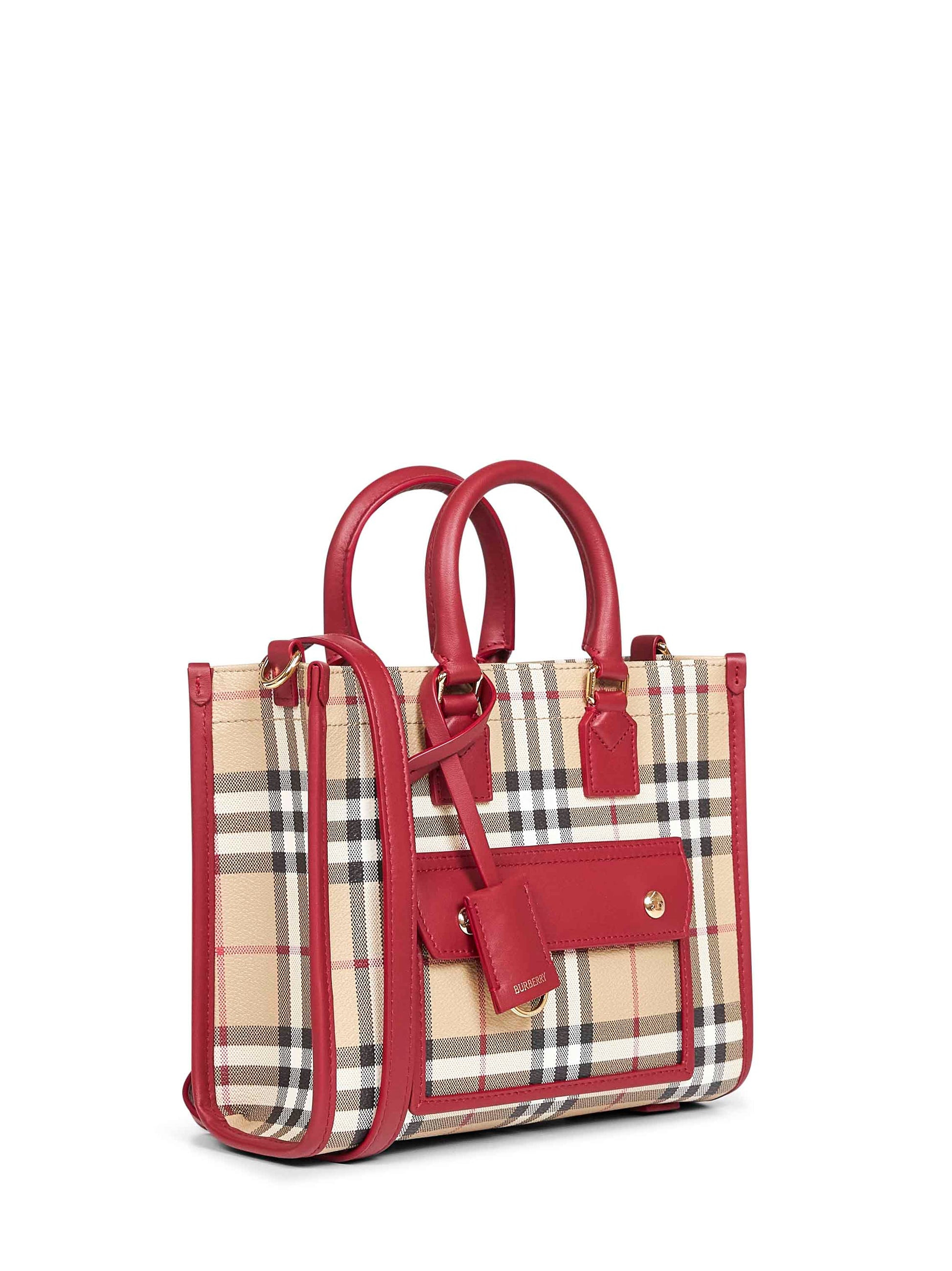Burberry Women Beige And Red Freya Mini Tote Bag